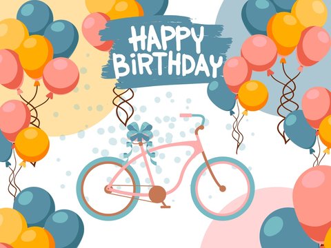Happy birthday greeting card, vector illustration. Bicycle and balloons, birthday present, party invitation. Anniversary celebration, festive decorations colorful background