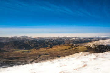 Winter in mountains. Snow covered summits (Ben Vorlich, Stuc a Chroin, Cruach Ardrain, Ben More). Winter trekking in Scotland. Breathtaking munros.