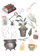 Set to play the wizard. Wizard's things: wizard, mandrake, magic book, roll, potion, plant, cauldron, golden snitch. Various witch equipment in cartoon style. Watercolor illustration
