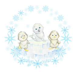 Penguins, seal, on an ice floe surrounded by snowflakes. Winter frame. Cute polar animals welcome and dance on the ice floe. Watercolor frame for children's holiday