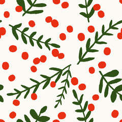 Hand painted seamless pattern with Christmas berries in red and green on white background.