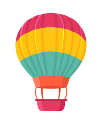 Hot air balloon flat vector illustration. Old fashioned aircraft with basket and sand bags. Vintage flying transportation isolated on white background. Balloon festival decorative symbol.
