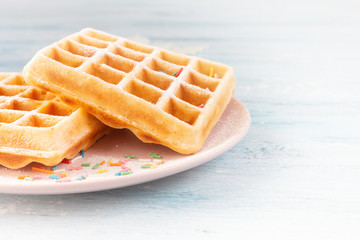 Belgian waffles with icing sugar and confectionery sprinkles on a pink plate. Copy space