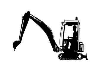 Mini excavator. Silhouette of an excavator with an operator inside. Side view. Flat vector. © norsob