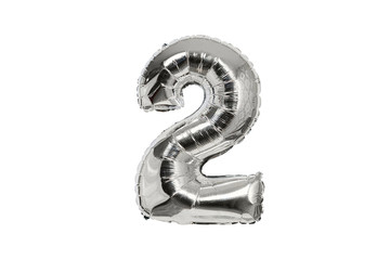 Silver inflatable balloon number two. White background. Isolate