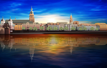 Fototapeta premium abstract spring sunrise background with blue sky and panorama of Heidelberg