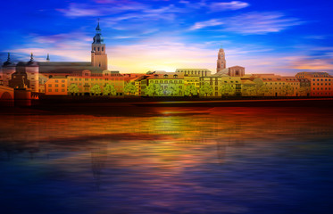 abstract spring background with gold sunrise blue sky and panorama of Heidelberg