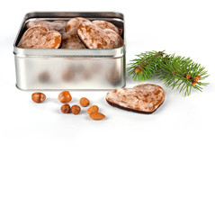 gingerbread, nuts, box, metal, Christmas tree sprig, Christmas, dessert, cookie, decorated, biscuit, seasonal, winter, holiday, sweet, decoration, food, traditional, tree, background, postcard, new ye