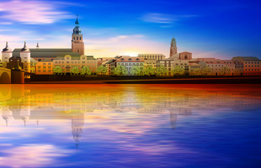 abstract spring sunset background with blue sky and panorama of Heidelberg - obrazy, fototapety, plakaty