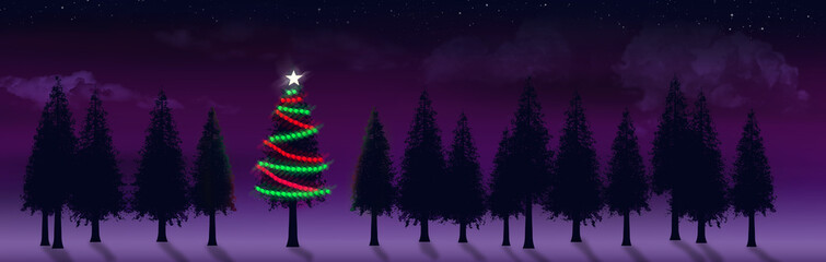 A Christmas tree decorated with lights is among a row of trees in nature. The scene is at dusk with a purple sky and snow on the ground.