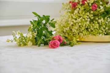 Fresh spring flowers on white table, Copy space.