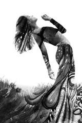 Paintography. Double exposure portrait of a young, elegant, girl wearing a long dress combined with hand drawn lines and flowing shapes, black and white