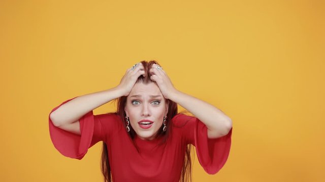 Beautiful lady in red being in shocking situation as she is stressed and mind blown right now. She never expected this and now she is surprised.