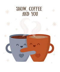 Vector postcard with hot drink in a cute mug and cozy slogan in flat design. Hot chocolate, coffee, cocoa