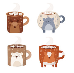 Vector collection of hot drinks in a cute mug in flat design. Hot chocolate, coffee, cocoa with marshmallow. Autumn and winter holidays set