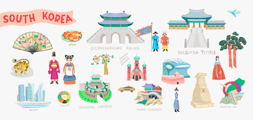 set of doodle flat vector illustration of south korea signs and symbols