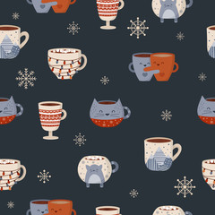 Vector seamless pattern with hot drinks in a cute mug in flat design. Hot chocolate, coffee, cocoa with marshmallow. Autumn and winter holidays background.
