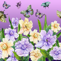 Beautiful gardenia flowers and colorful butterflies on purple background. Seamless floral pattern, border. Watercolor painting. Hand painted illustration.