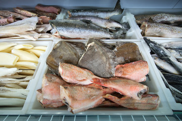 sale of frozen seafood fish in the store
