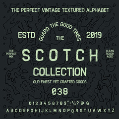 Vintage decorative font  "whiskey" with sample design. Good handcrafted western typeface in vintage style for labels, posters, greeting cards etc. Letters and numbers. Vector illustration