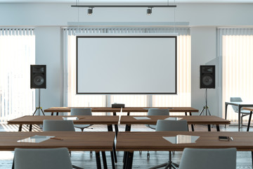 Projector screen canvas in modern conference room with big windows. 3d rendering. Front view.