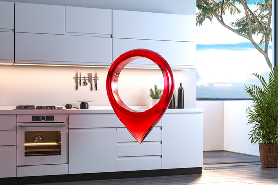 Red map geo tag pin in modern bright kitchen interior. 3d rendering.
