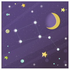 Color image of cartoon stars sky with planets and stars. Space and astronomy. Vector illustration set for kids.