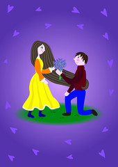 a boy gives a girl a bouquet of lavender