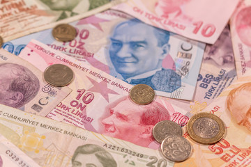 Turkish lira TL. TRY banknotes and coins