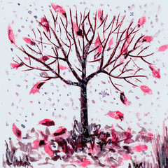 Watercolor drawing of a tree with red half-fallen leaves and falling snow