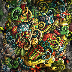 Doodles Happy New Year graphics illustration. Creative Merry Christmas art background.