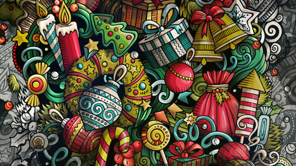 Doodles Happy New Year graphics illustration. Creative Merry Christmas art background.