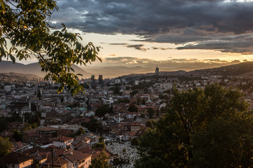 Arial view of a city from a hill during sunset, Sarajevo Bosnia and Herzegovina. The whole city...