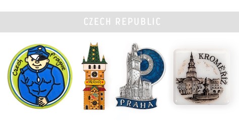 Souvenir (magnet) from the Czech Republic isolated on white background. Czech inscription is the name of the capital of "Prague" in English& Czech inscription is a city "Kromeriz" in English