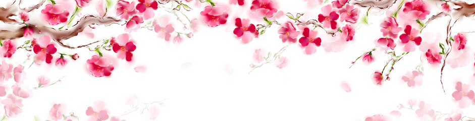 Blooming sakura japan cherry branch with pink flowers. Panorama sakura card design. Isolated on white background.