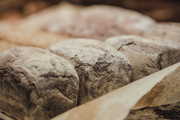 Fresh bread on the counter in the store, close-up .