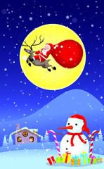 Fototapeta na wymiar Santa Claus riding deer to fly on the and sky have a full moon is background.