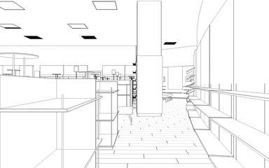 shopping mall, contour visualization, 3D illustration, sketch, outline