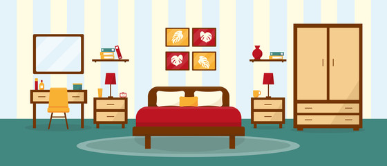 Bedroom interior in flat stile. Cozy room with furniture. Vector illustration.