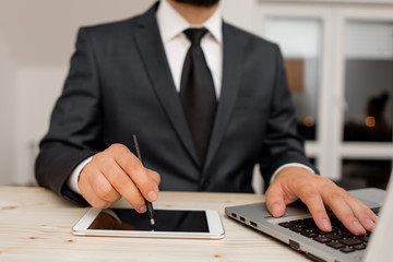 Male human wear formal clothes present presentation use hi tech smartphone