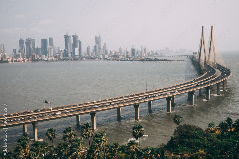 Canvas Prints high angle shot of bandra worli sealink in mumbai enveloped with fog
