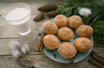Breakfast with milk and muffins.