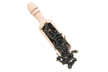Dried kombu seaweed in wooden scoop isolated on white background. spices and food ingredients