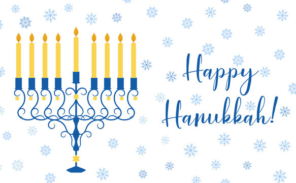 Vector illustration with David star, snowflakes and menorah with candles for Happy Hanukkah holidays. Greeting card or postcard template.