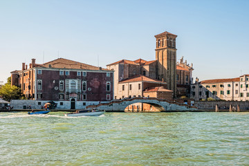 A view of old buildings along the Venetian Canals in the Cannaregio District of Venice