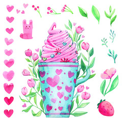 Milkshake cocktail flowers berries leaves postcard set watercolor illustration isolated