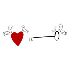 Flying red heart and flying black key with cute cartoon wings. Key to the heart. Metaphor love concept vector illustration.