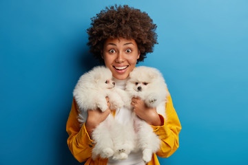 Shot of cheerful Afro woman poses with two dogs, have rest after strolling, looks gladfully at camera. Curly dark skinned female finds host for spitz, suggests playing with four legged friends