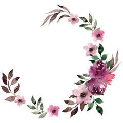 Wreath with watercolor hand draw flowers and leaves, floral element, isolated on white background