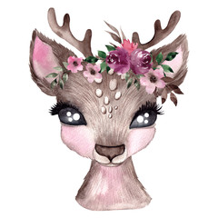 Watercolor illustration with cute deer and winter flowers, hand draw animal and floral element, isolated on white background
